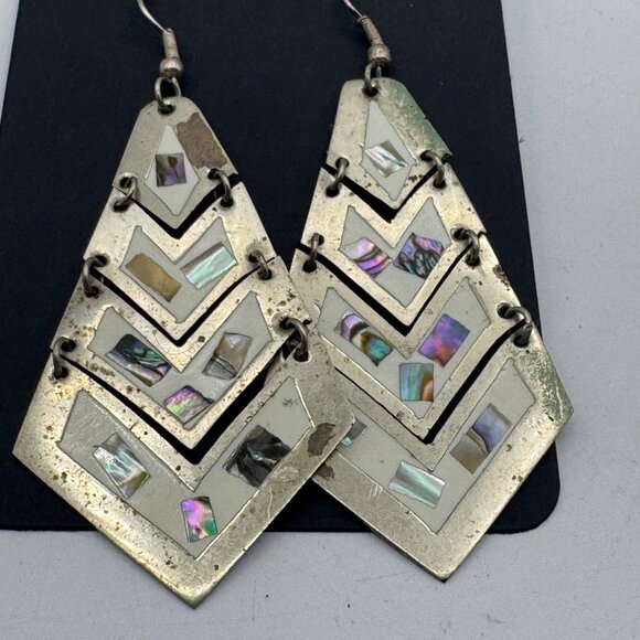 Vintage Chevron Mother Of Pearl & Abalone Dangle Earrings - Picture 2 of 3